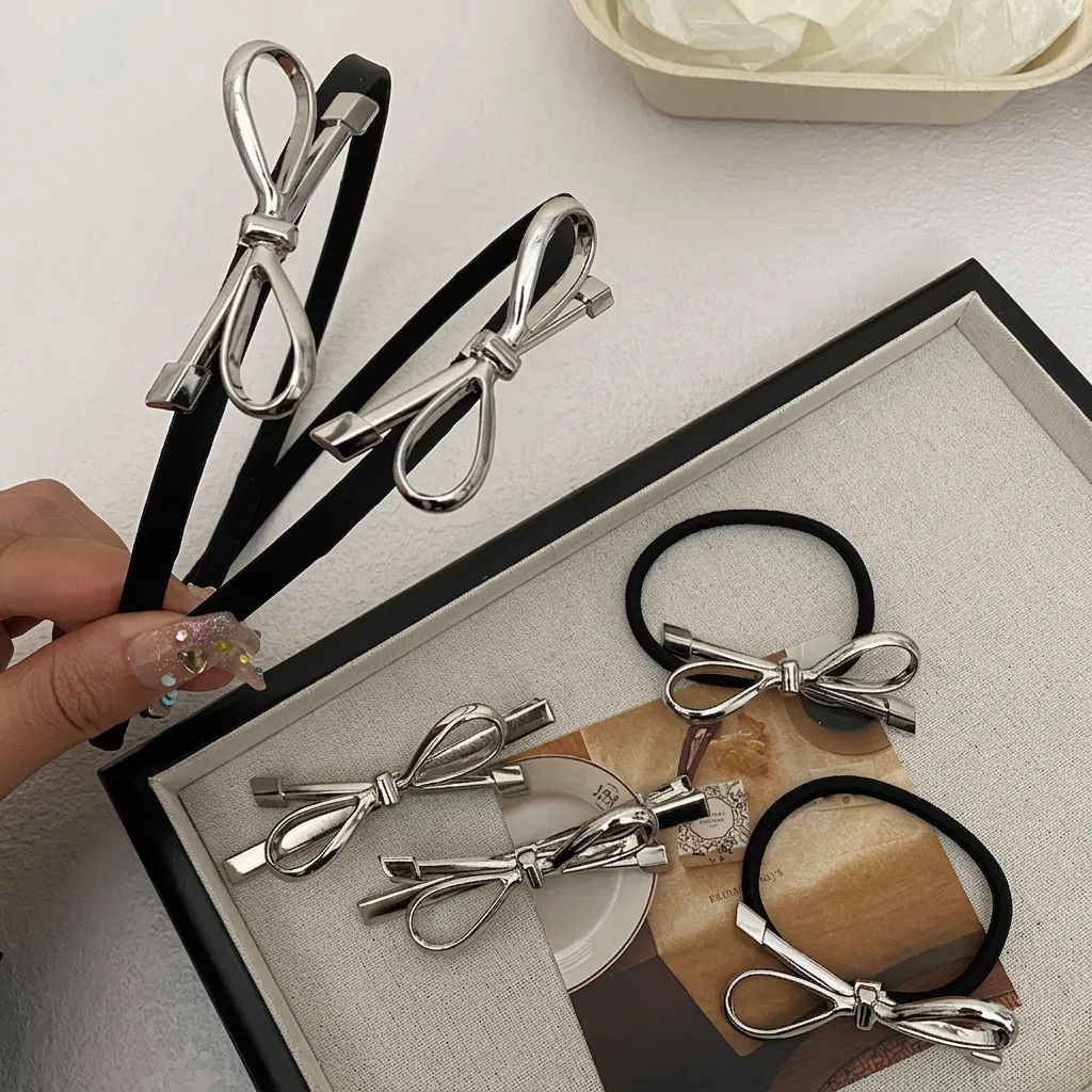 Silver Bow Hair Clips Headbands And Hair Ties Alloy Elegant Sweet Style Hair Accessories For Women