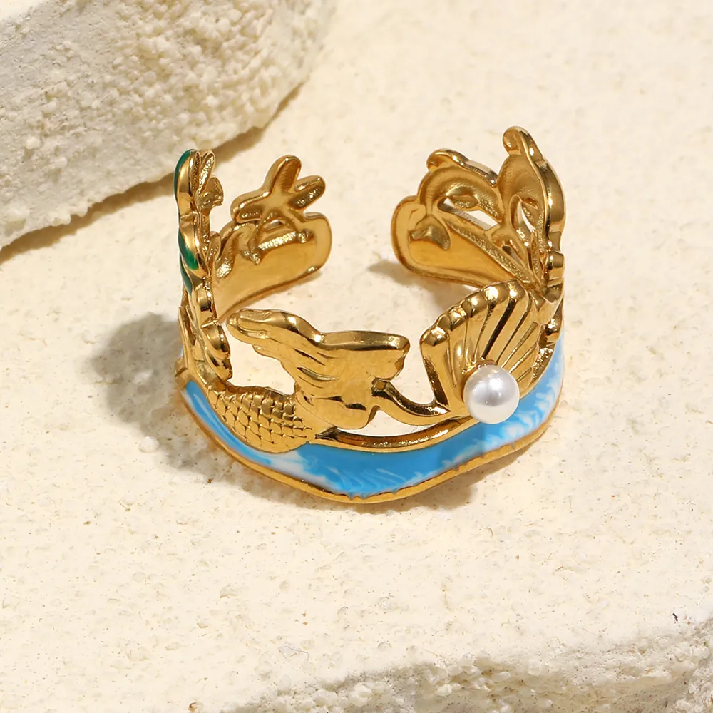 Ocean Theme Adjustable Open Ring Stainless Steel 18K Gold Plated Enamel Starfish Shell Mermaid Tail Jewelry For Women