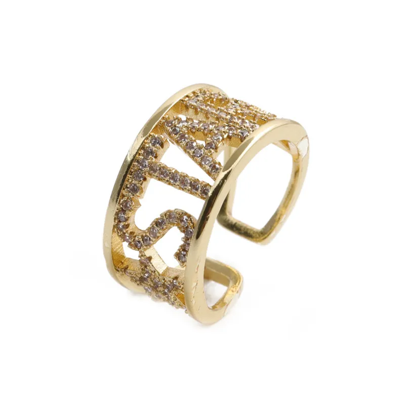 Bague Ajustable En Cuivre Et Zircon Motif Étoile Lettre Bague Ouverte Bijoux De Mode Sertis De Strass Pour Femme