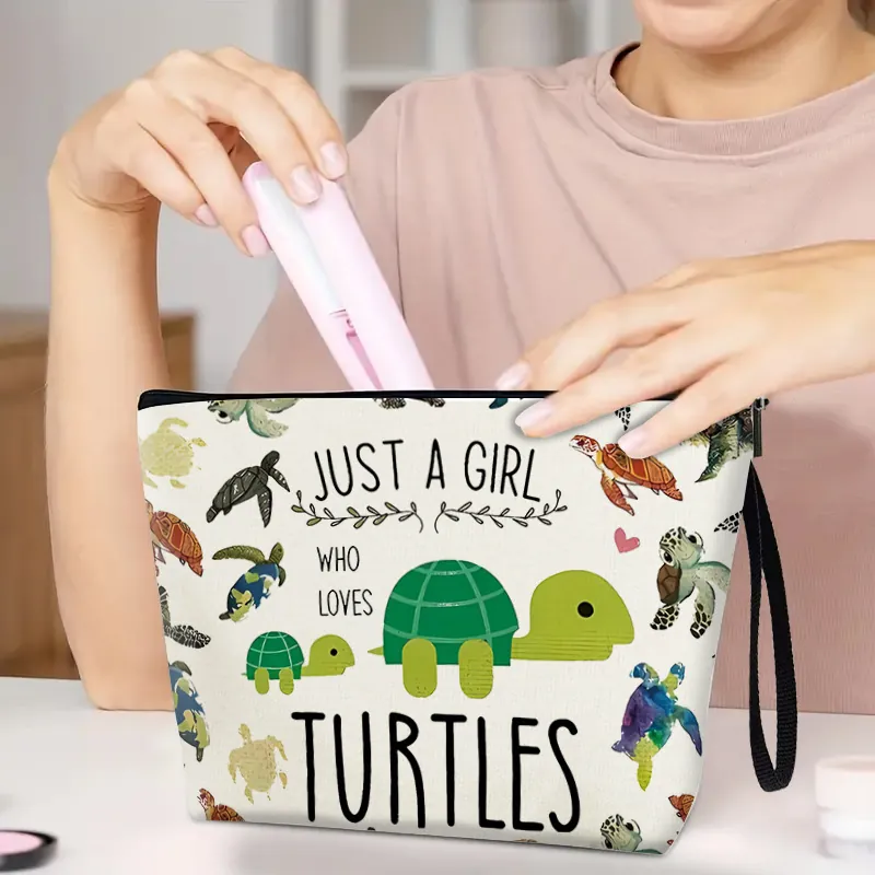 Turtle Print Makeup Bag Canvas Cosmetic Pouch Portable Travel Toiletry Organizer With Wrist Strap Zipper For Women