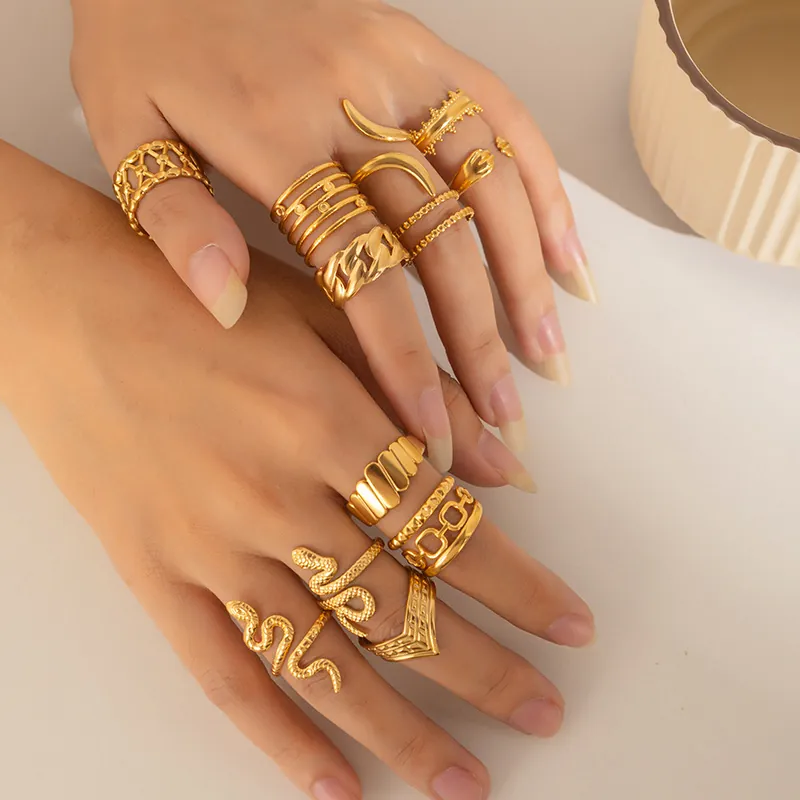 Gold Plated Stainless Steel Adjustable Open Ring Women Vintage Geometric Snake Chain Texture Minimalist Jewelry Accessory