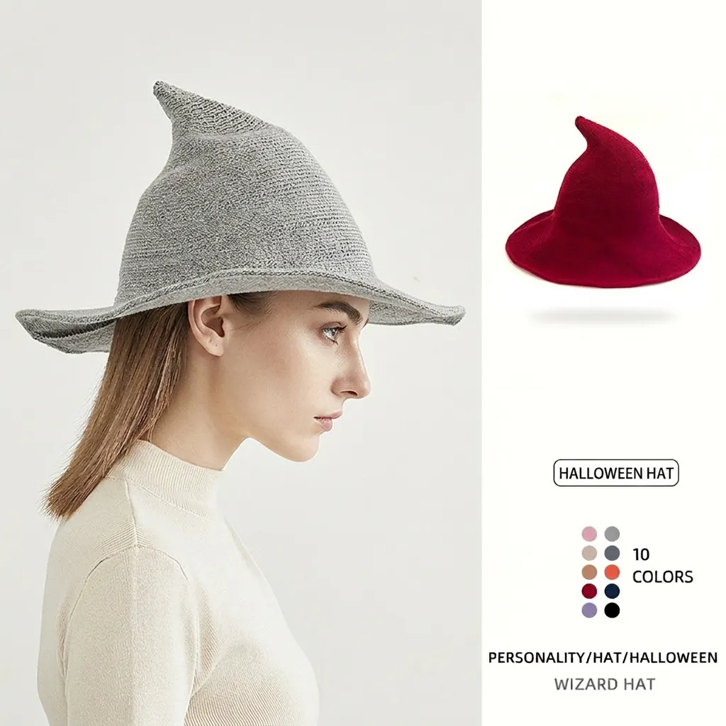 Knitted Halloween Witch Hat For Women Foldable Pointed Wizard Hat Crochet Magic Hat For Cosplay Party Daily Fashion Hat