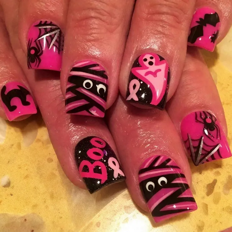 Halloween Press On Nails Short Square Pink Black Ghost Spider Web Mummy Pattern ABS Artificial False Nails For Women