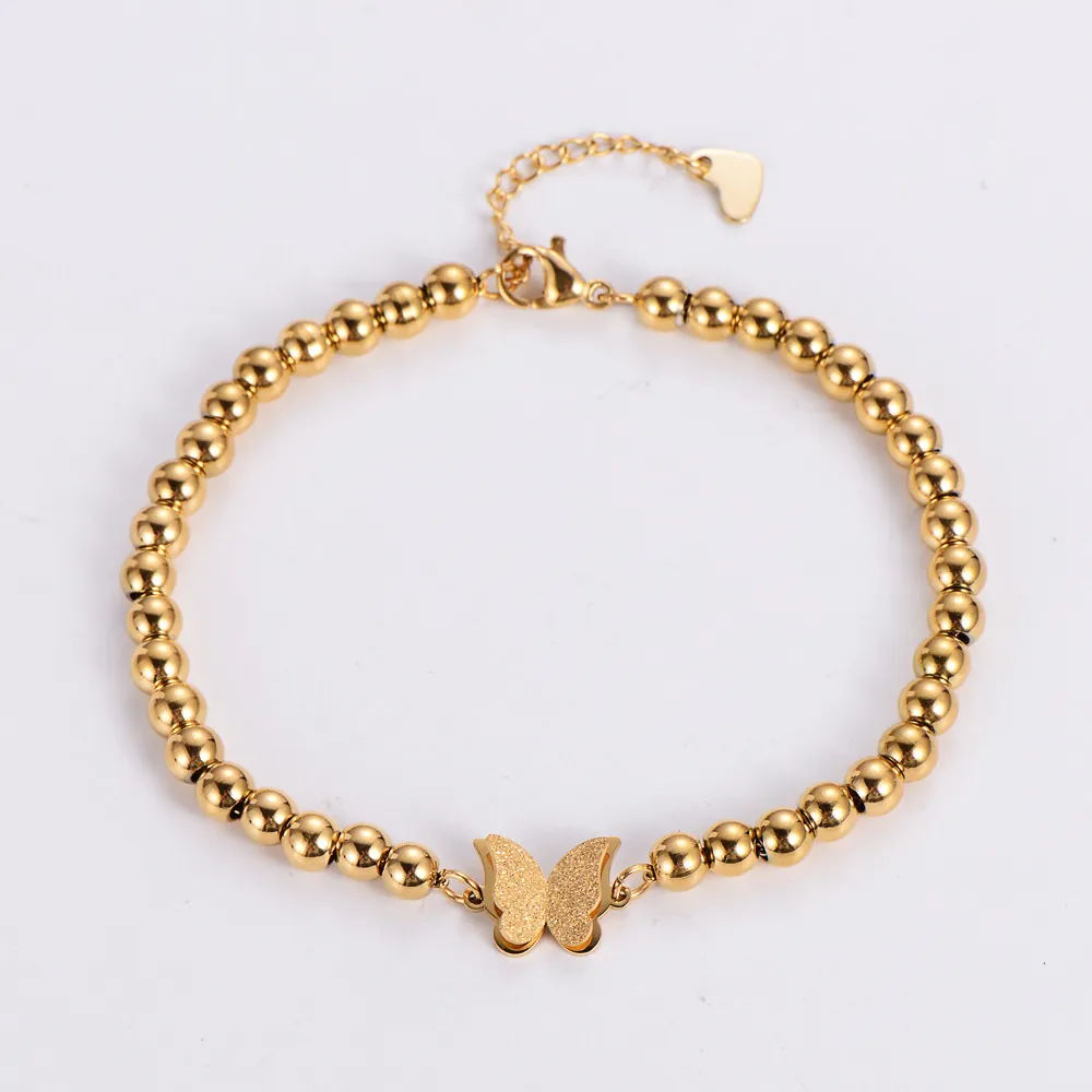 Butterfly Charm Bracelet Beaded 304 Stainless Steel Matte Finish Minimalist Jewelry Adjustable Heart Tag