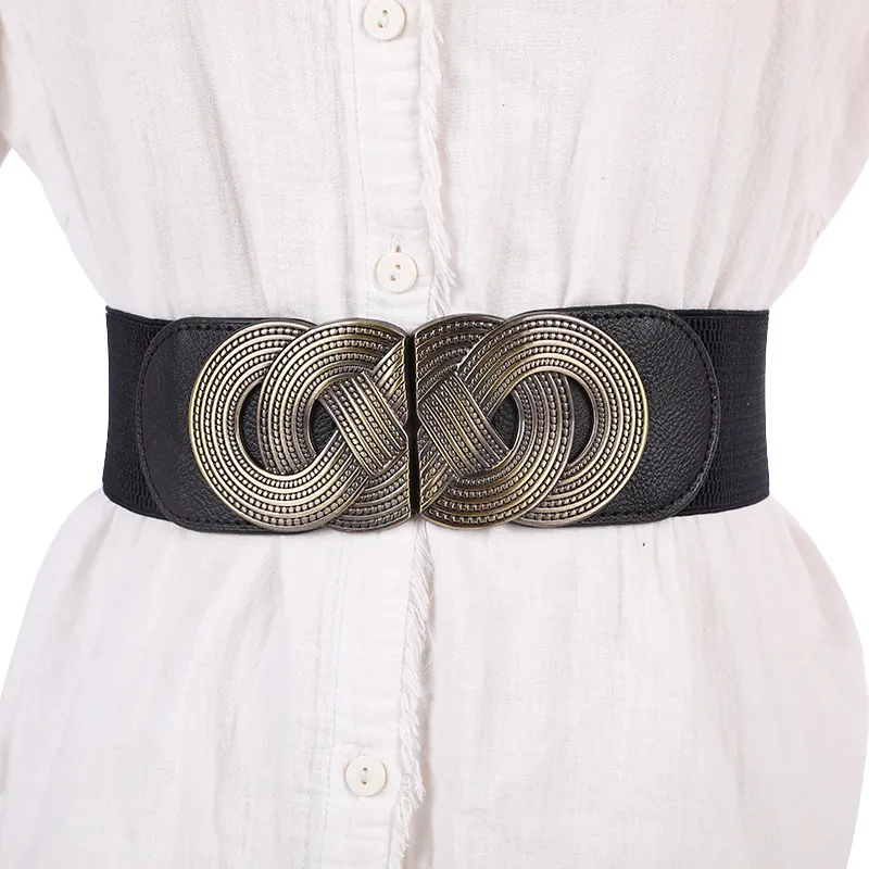Women Wide Elastic Belt Stretchy Corset Cinch Waist Band Vintage Decorative Metal Woven Buckle Dress Accessory Retro