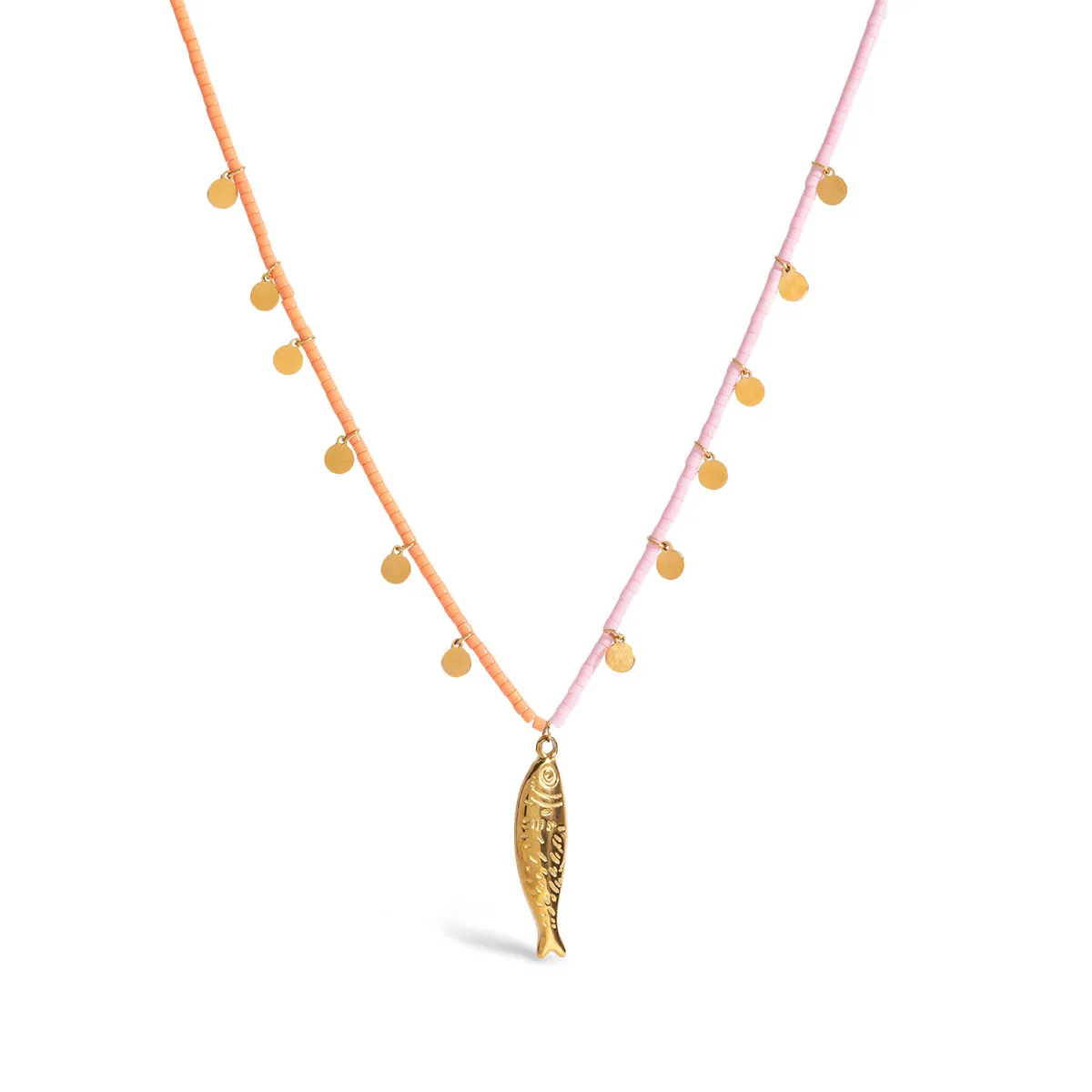 Fish Pendant Necklace 18K Gold Plated Stainless Steel Orange Pink Rice Beads Waterproof Vacation Style Jewelry For Women