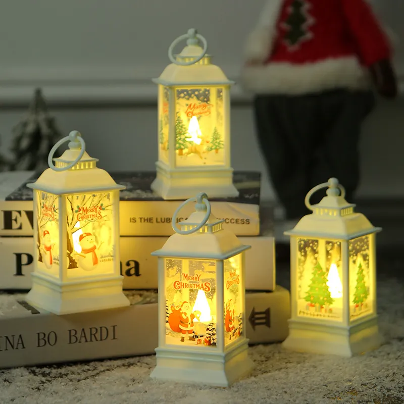 Christmas LED Lantern Battery Operated Plastic Retro Night Light Desktop Ornament Festive Holiday Party Decoration Santa Pattern