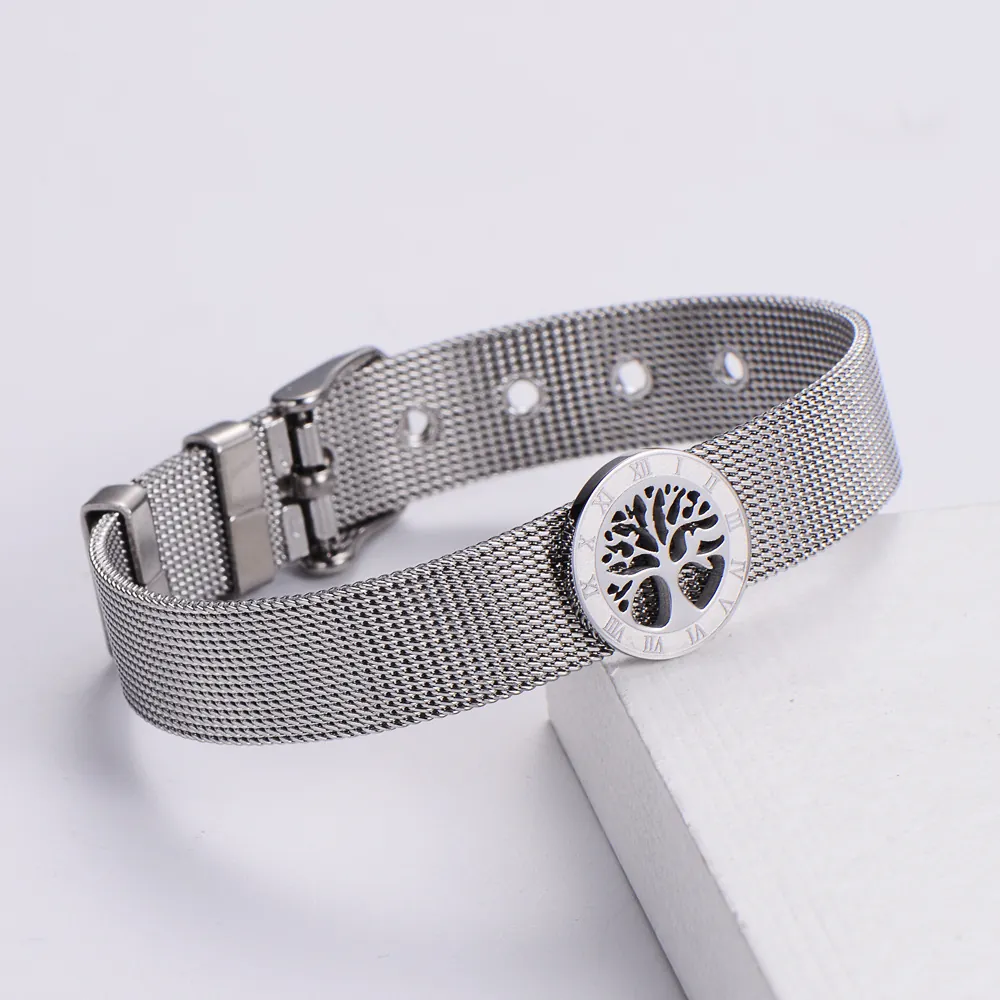 Tree Of Life Round Charm Bracelet Stainless Steel Milanese Mesh Band Roman Numerals Adjustable Jewelry For Women Men