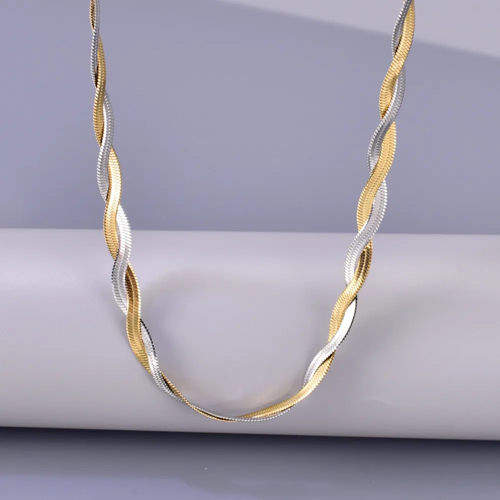 Two Tone Twisted Snake Bone Chain Necklace 18K Gold Plated Stainless Steel Interwoven Flat Blade Chain Jewelry Women
