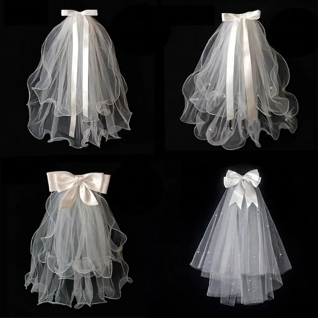 Short Bridal Veil White Layered Tulle With Satin Bow Faux Artificial Pearl Decor French Style Wedding Party Headpiece