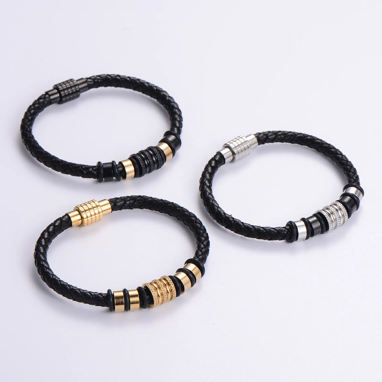 Bracciale In Pelle Intrecciata Con Chiusura Magnetica In Acciaio Inossidabile 316L Intarsio Di Zircone Stile Punk Per Uomo