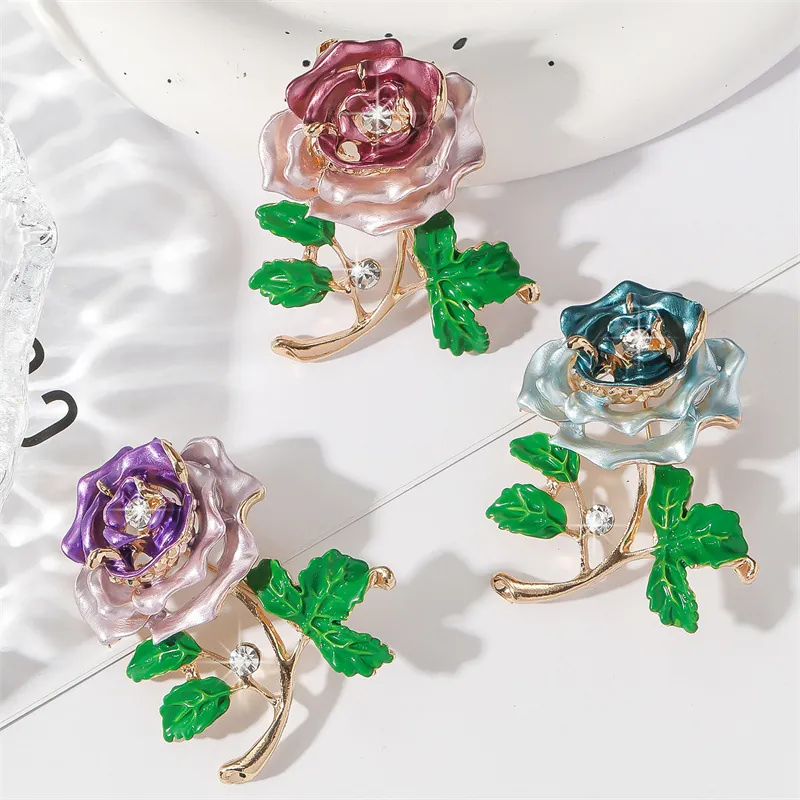 Elegant Rose Flower Brooch Enamel Alloy Rhinestone Drip Oil Corsage Pin Fashion Accessories For Women