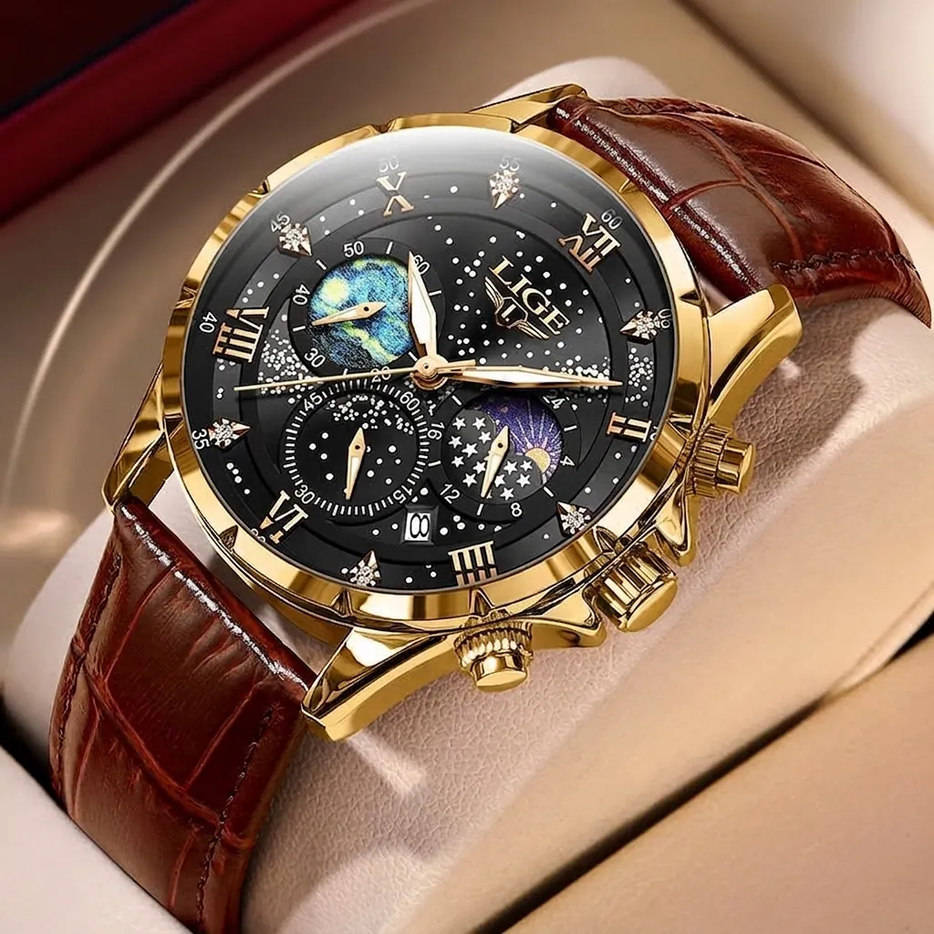 LIGE Orologio al Quarzo da Uomo Business Fase Lunare Luminoso Impermeabile Orologio da Polso Cinturino in Pelle Quadrante Stellato Lusso Moda