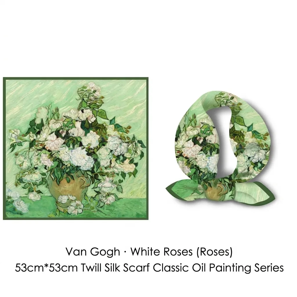 Van Gogh White Roses Oil Painting Print Satin Scarf Women Artistic Vintage Small Square Neck Scarf Floral Silk Like Bandana