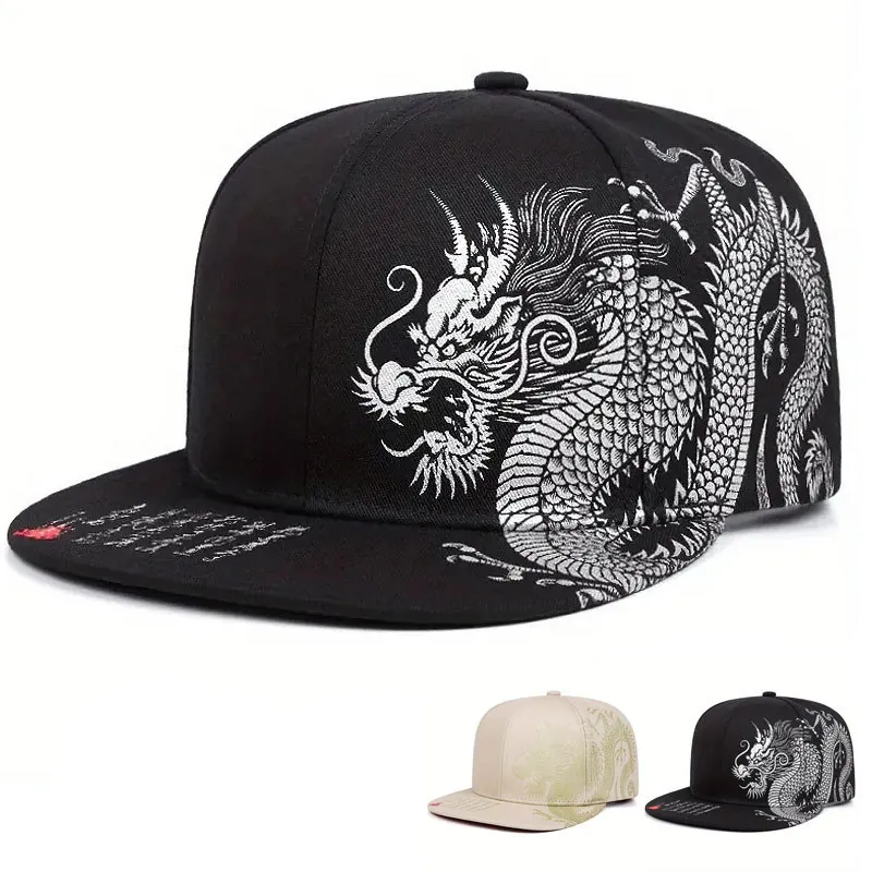 Dragon Pattern Baseball Cap Men Women Snapback Flat Brim Chinese Style Polyester Adjustable Outdoor Sunshade Hip Hop Hat