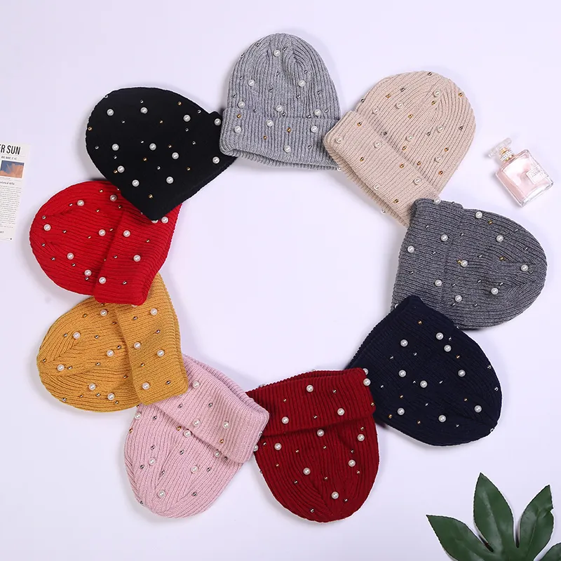 Women Knitted Beanie Hat Ribbed Acrylic Winter Warm Cap With Faux Artificial Pearls And Metal Studs Elegant Casual Outdoor Style
