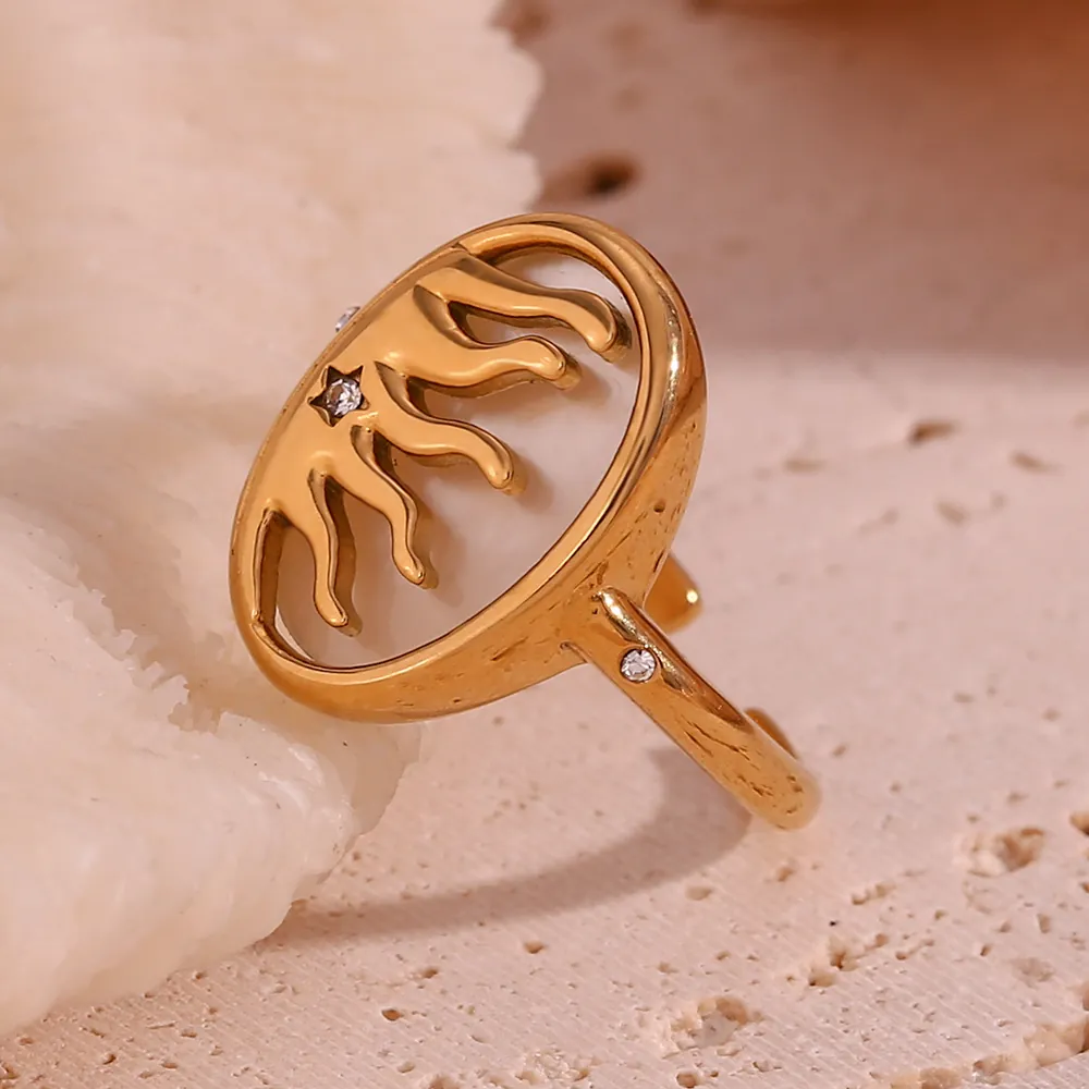 Vintage Sun Star Adjustable Open Ring 18K Gold Plated Stainless Steel With Oval Mother Of Artificial Pearl And AAA Zircon For Women