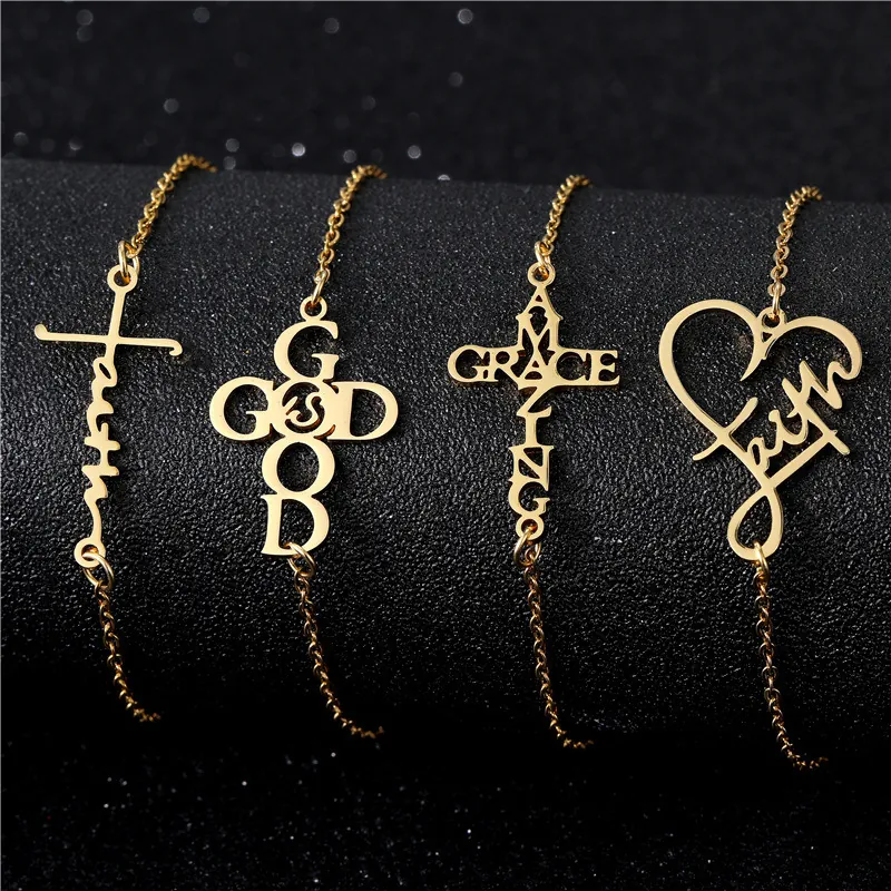 Stainless Steel Bracelet Gold Plated Hollow Heart Cross Faith Amazing Grace Pendant Religious Jewelry Gift For Women