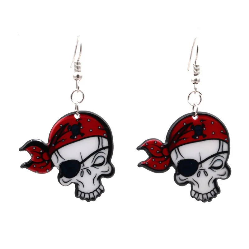 Boucles D'oreilles Pendantes Crâne De Pirate Halloween Bandana À Pois Rouge Cache-œil Acrylique Bijoux De Fête