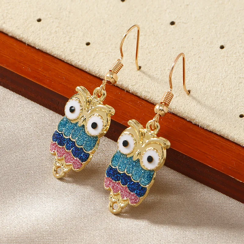Bohemian Cute Colorful Cartoon Owl Dangle Earrings For Women Alloy Gold Plated Animal Shape Glitter Hook Jewelry Gift