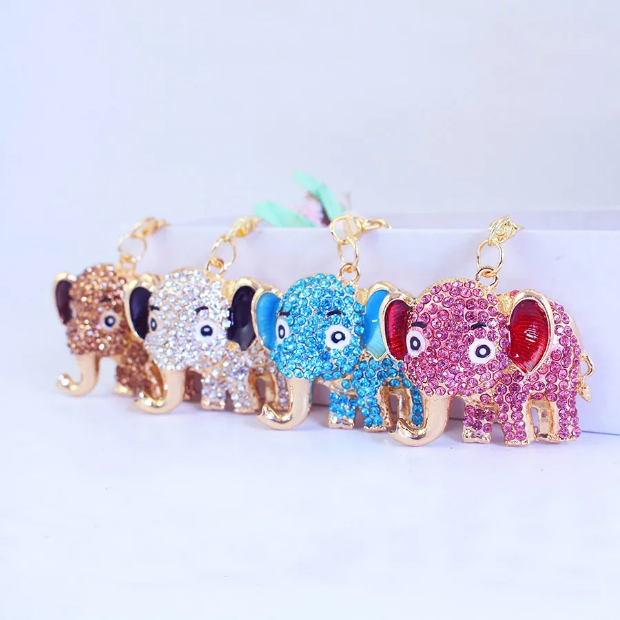 Porte-clés Éléphant Mignon Créatif en Alliage de Zinc avec Strass Émail Pendentif Animal Anneau de Clé de Voiture Cadeau Bijoux