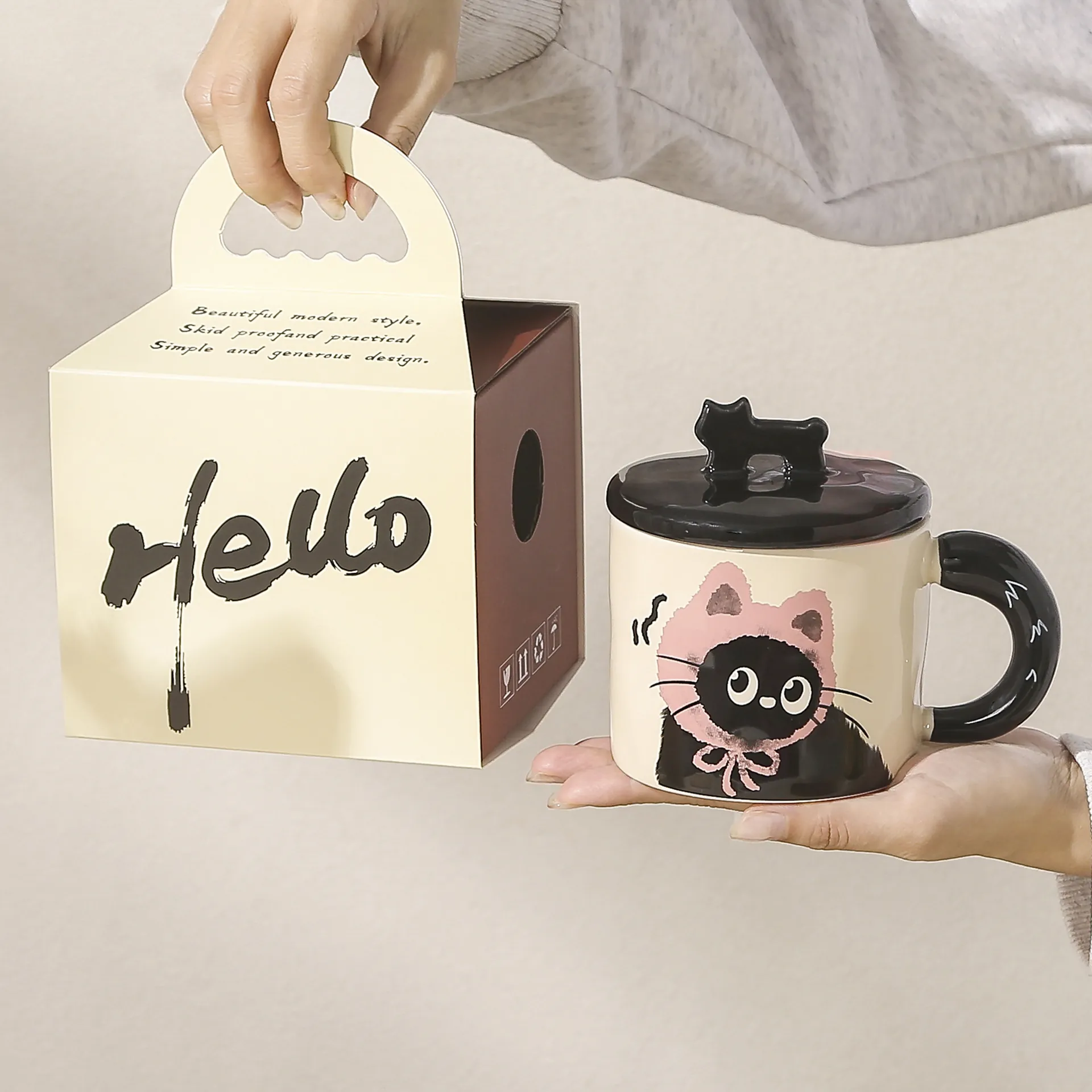 Creative Cartoon Cat Ceramic Mug With Lid And Handle Cute Coffee Tea Cup For Home Office Gift Housewarming Birthday
