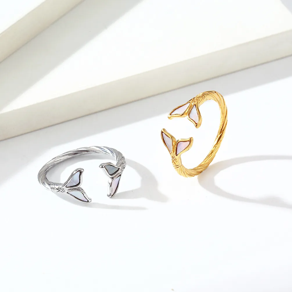 Stainless Steel Fishtail Ring Mermaid Tail Mother Of Artificial Pearl Inlay Open Adjustable Finger Ring Fashion Women Jewelry Gift