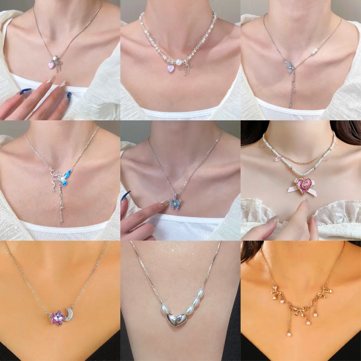 Collar de Pendiente de Corazón Mariposa Estrella Luna de Aleación Y2K para Mujer Niña Estético Zirconia Perla Artificial Cadena de Clavícula Joyería