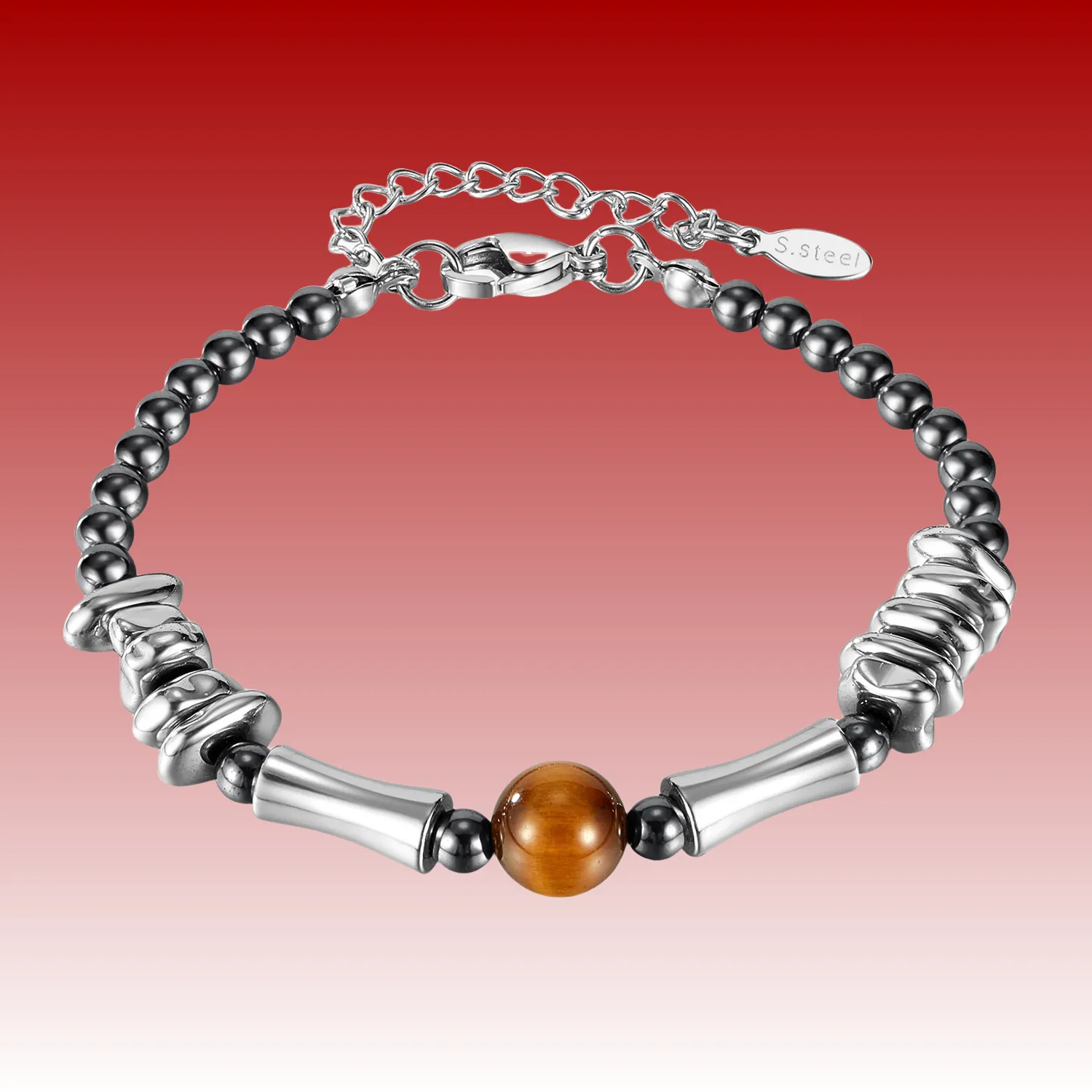 Vintage Stainless Steel Bracelet With Natural Volcanic Stone And Tiger Eye Beads Hip Hop Style Jewelry For Men Women