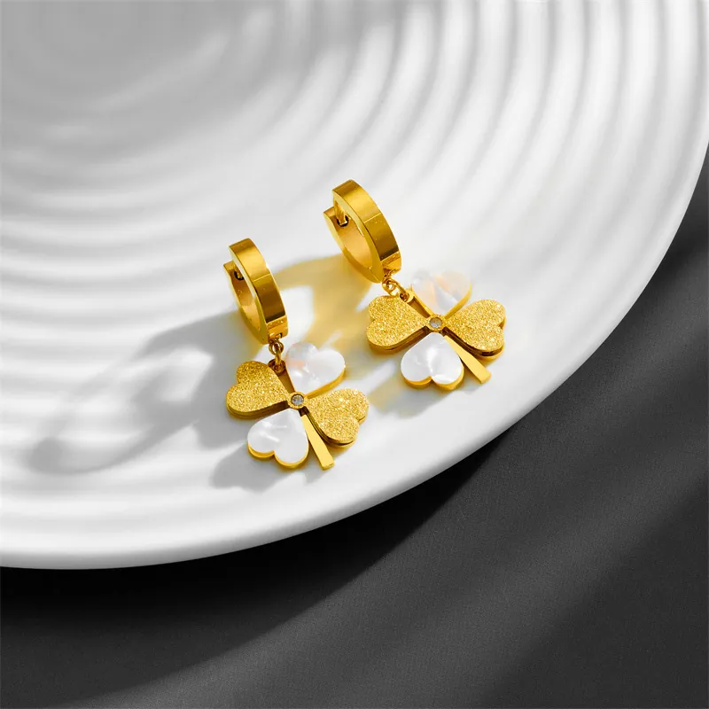 Collier Et Boucles D'oreilles Trèfle À Quatre Feuilles Acier Inoxydable Plaqué Or Coquille Blanche Zircon Bijoux Mode Femme