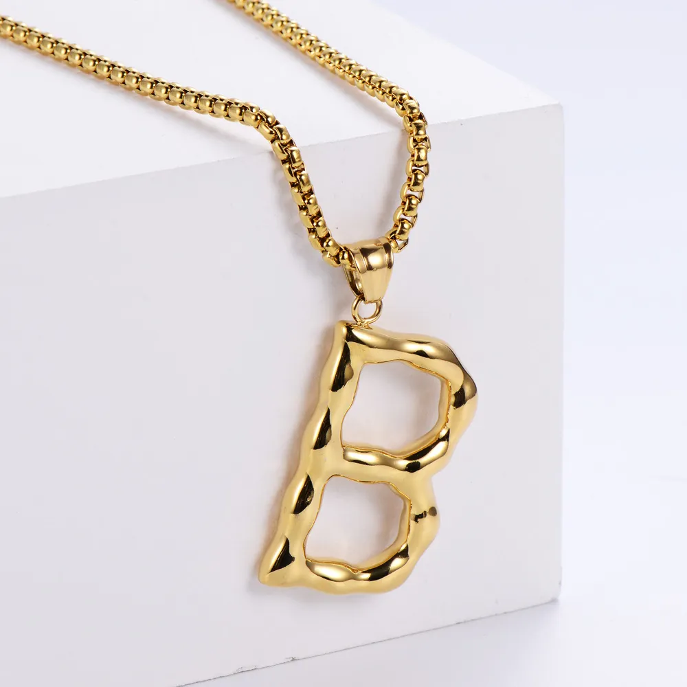 Alphabet Initial Pendant Molten Lava Texture Polished 18K Gold Plated Stainless Steel Hip Hop Retro Jewelry Accessory