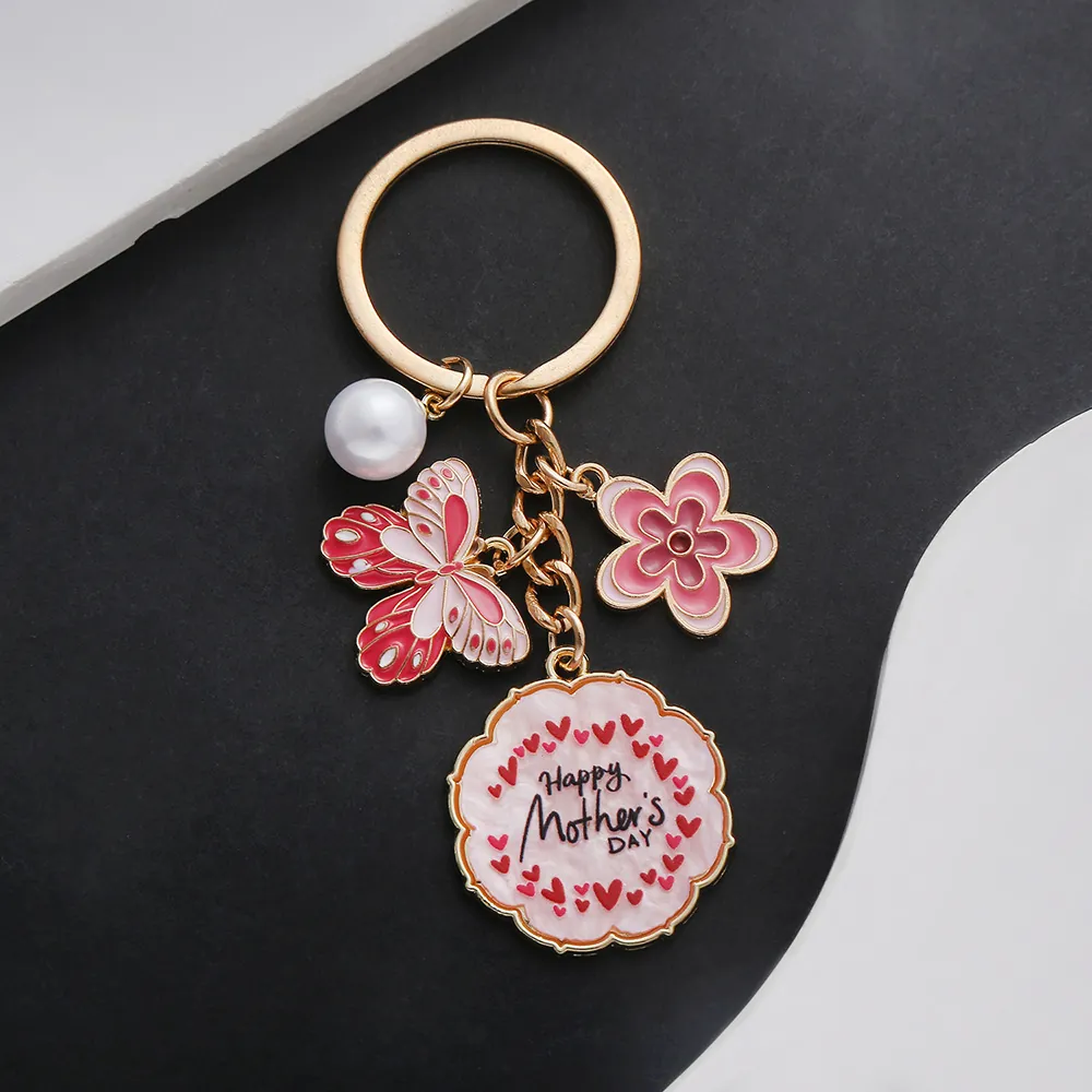 Happy Mother's Day Keychain Zinc Alloy Enamel Butterfly Flower Artificial Pearl Pendant Gift For Mom Gold Tone Elegant