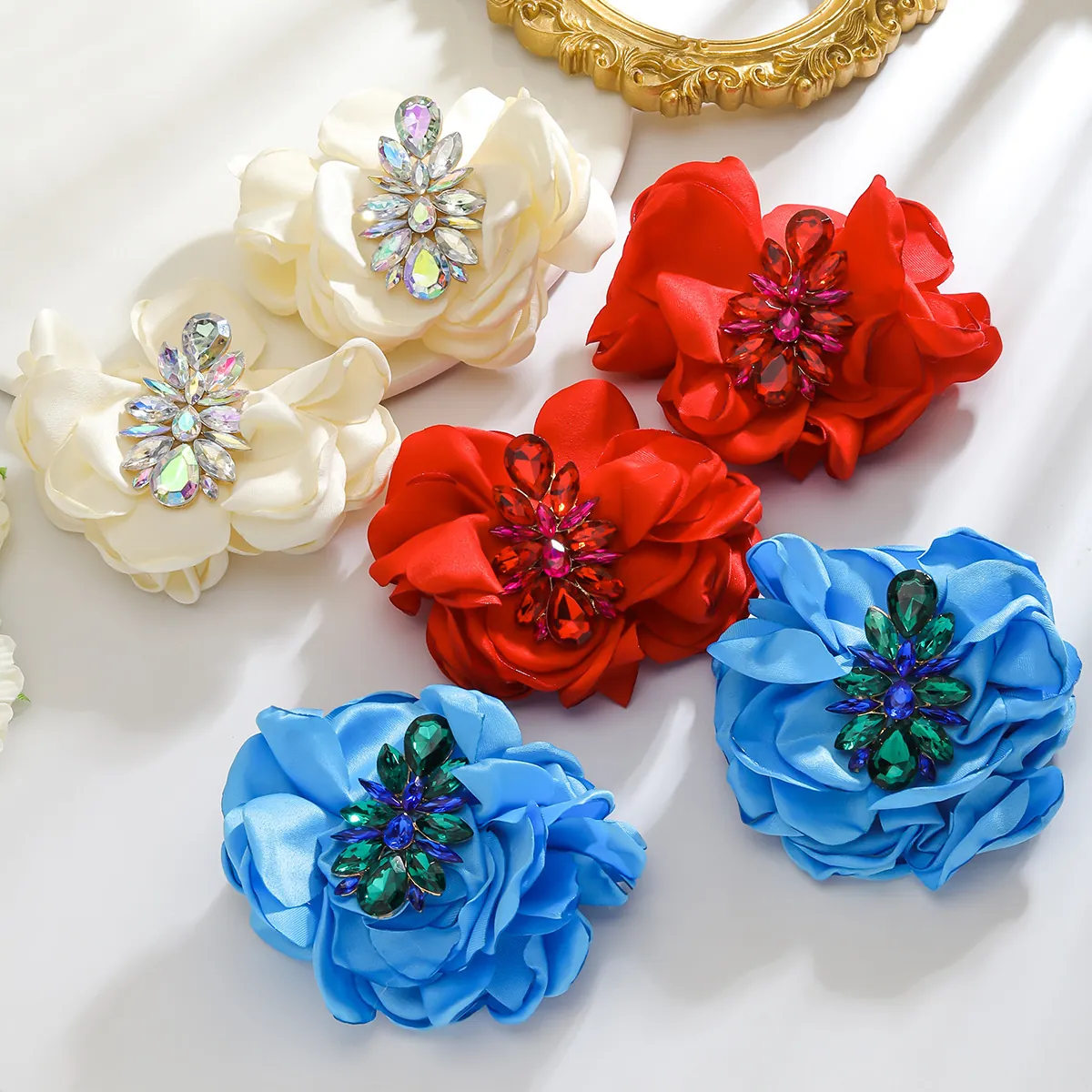 Camellia Flower Drop Earrings Fabric Satin Rhinestone Exaggerated Floral Dangle Jewelry For Women Party Wedding Elegant