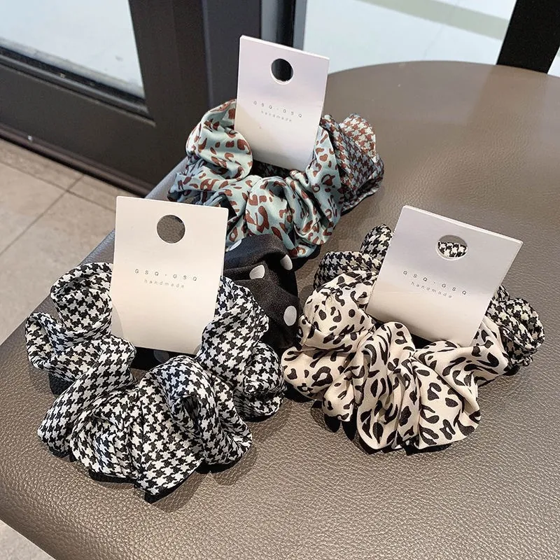 Elastici Capelli Retro Leopardo Pied De Poule Pois Tessuto Elastico Satin Chiffon Fasce Per Donne Ragazze
