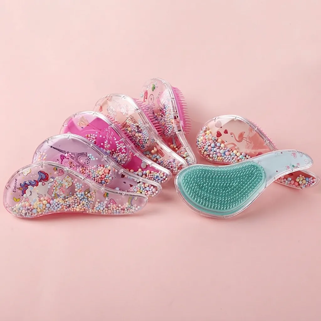 Detangling Hair Brush Transparent Massage Comb Cute Cartoon Unicorn Glitter Shaker For Girls Women Anti Knot Scalp Care