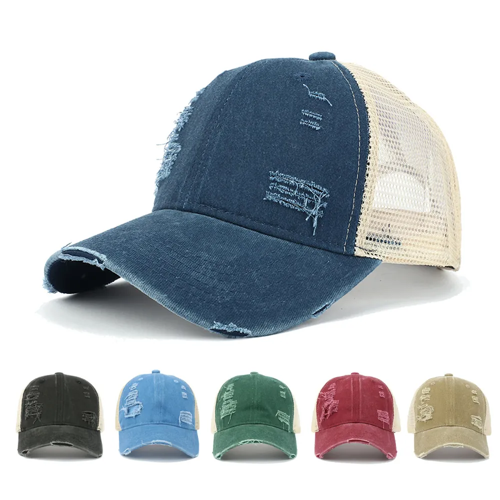 Distressed Washed Baumwolle Mesh Baseball Cap Vintage Trucker Hut Verstellbar Atmungsaktiv Streetwear Herren Damen