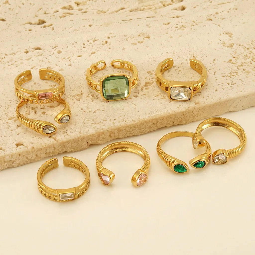 Stainless Steel Zircon Ring 18K Gold Plated Adjustable Open Vintage Finger Jewelry For Women