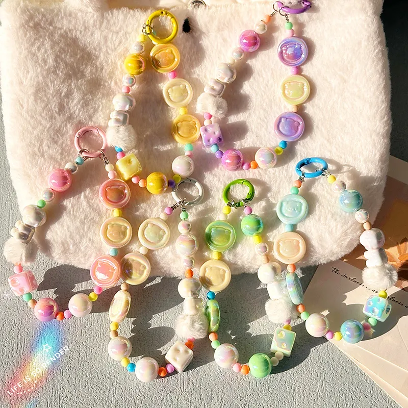 Cute Beaded Keychain Bag Charm Phone Strap With Resin Bear Beads And Faux Fur Ball Macaron Colorful For Girls Women