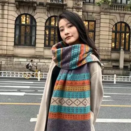 Ethnic Style Striped Polyester Scarf For Women Vintage Warm Winter Pashmina Wrap With Tassels Geometric Pattern Fashion Accessory