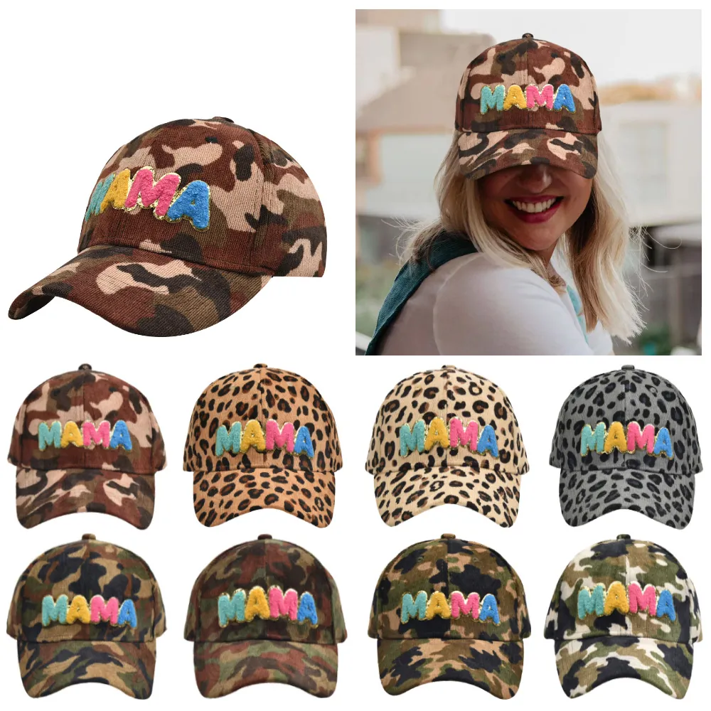 Women Corduroy Baseball Cap MAMA Chenille Patch Camouflage Leopard Print Adjustable Outdoor Leisure Sun Hat
