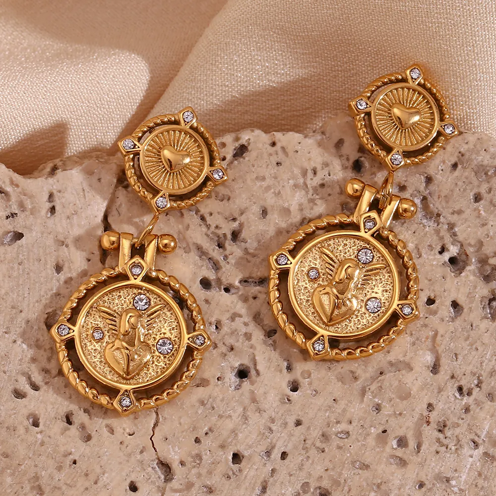 French Vintage Stainless Steel Drop Earrings For Women 18K Gold Plated Angel Heart Coin Rhinestone Relief Niche Design Earrings