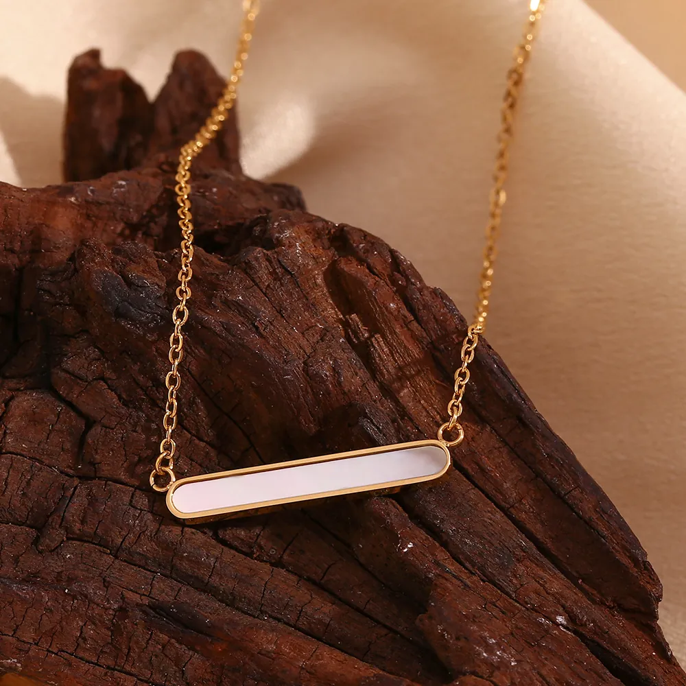Collier Pendentif Barre En Acier Inoxydable Plaqué Or 18K Avec Incrustation De Nacre Bijoux Géométriques Minimalistes