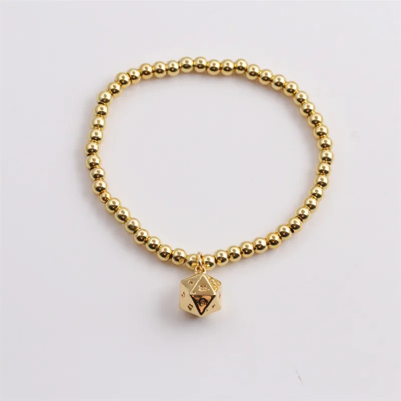 Bracciale Di Perline In Rame Placcato Oro Con Pendente A Dado Poliedrico E Künstliche Perle Imitazione Per Donna Elasticizzato