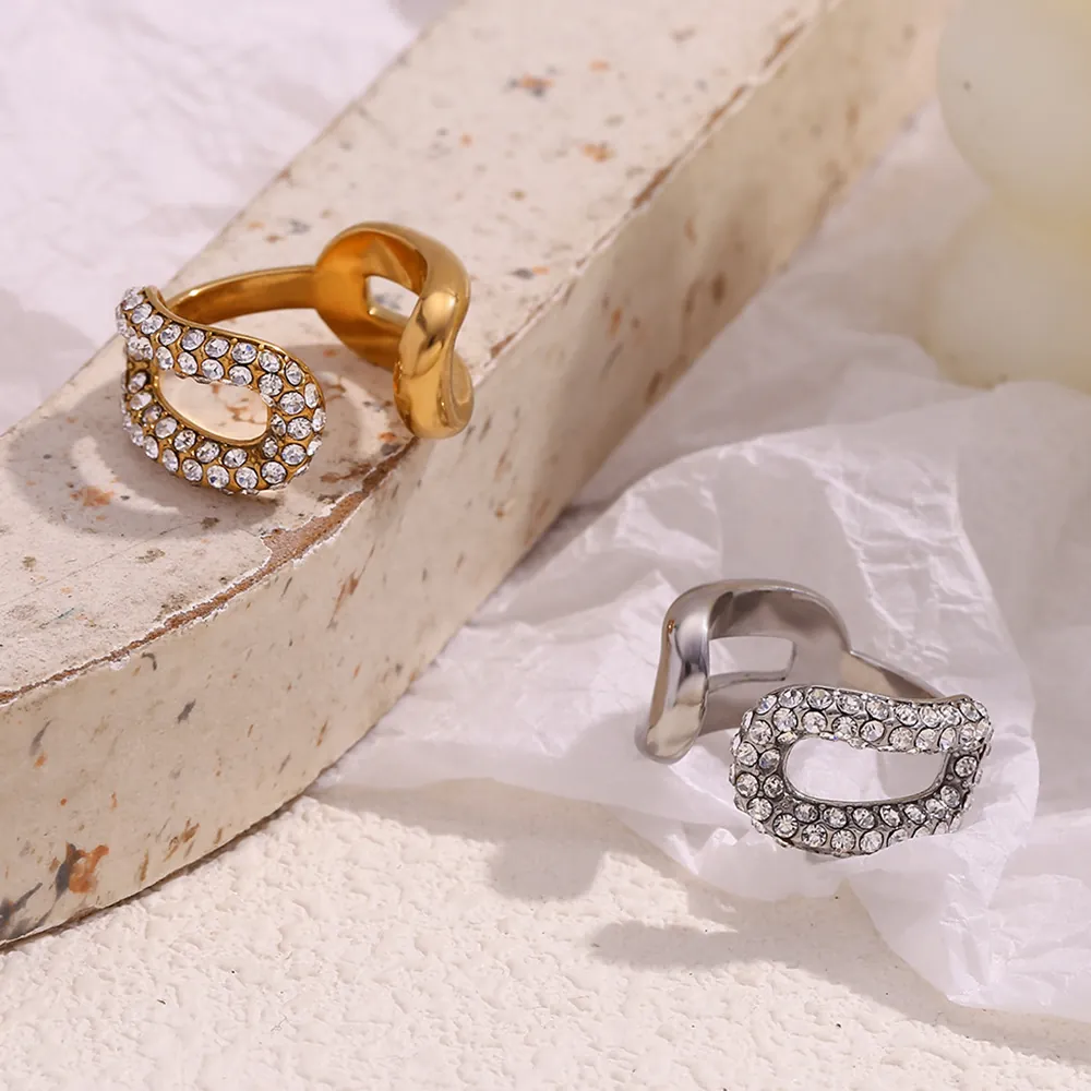 Anello Aperto In Acciaio Inossidabile Placcato Oro 18K Geometrico Asimmetrico Strass Regolabile Gioielli Moda Donna