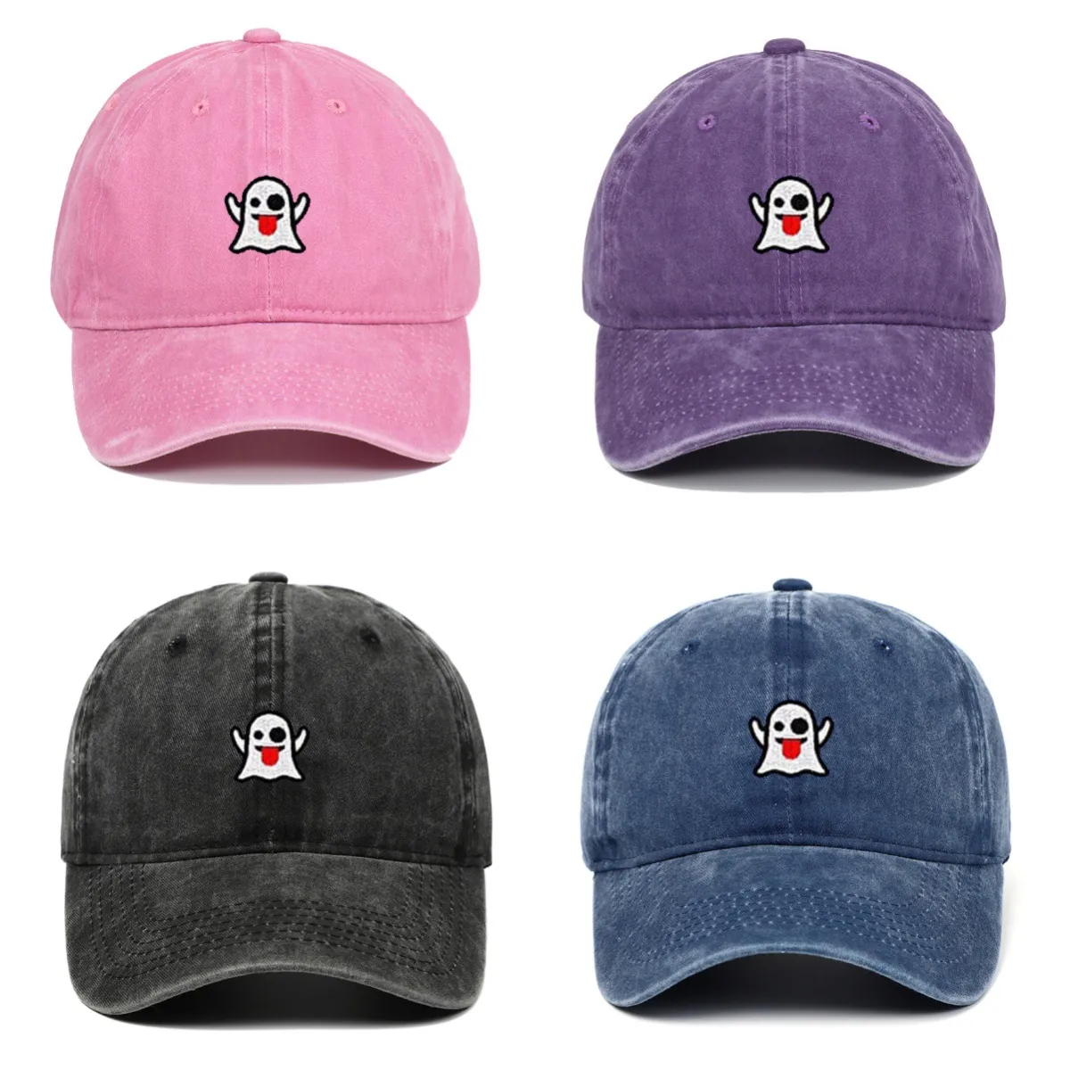Halloween Ghost Embroidery Baseball Cap Washed Cotton Vintage Adjustable Dad Hat Sunscreen Outdoor Headwear