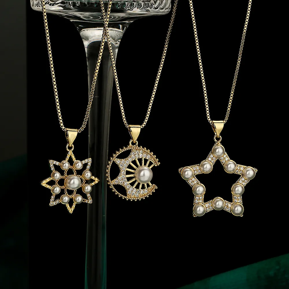 Elegant Pendant Necklace Gold Plated Copper Inlaid Artificial Pearl Zircon Star Moon Sun Geometric Jewelry Gift For Women Girls New