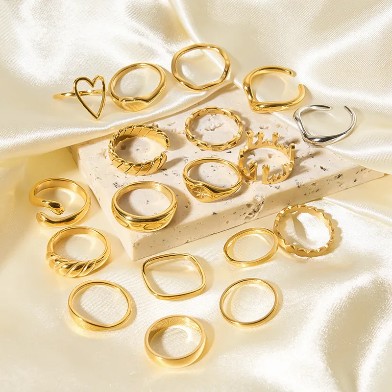 Minimalist 18K Gold Plated Stainless Steel Rings For Women Waterproof Tarnish Free Geometric Croissant Twist Wave Heart