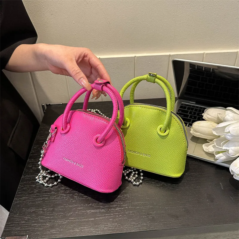 Women Fashion PU Leather Litchi Pattern Mini Shell Bag Top Handle Chain Crossbody Shoulder Bag Small Purse Korean Style
