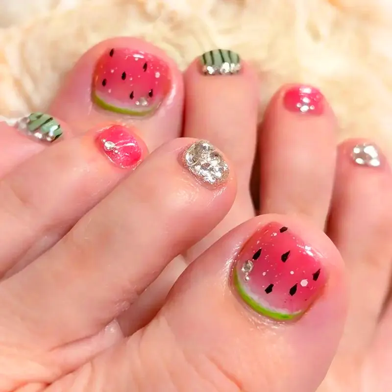 Watermelon Pattern Toe Press On Nails With Rhinestone Summer French Gradient Glossy ABS Artificial False Nails Women