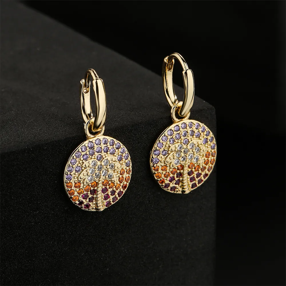 Orecchini A Cerchio In Rame Placcato Oro 18K Pendente Palma Tonda Zirconia Colorata Gioielli Da Spiaggia Tropicale